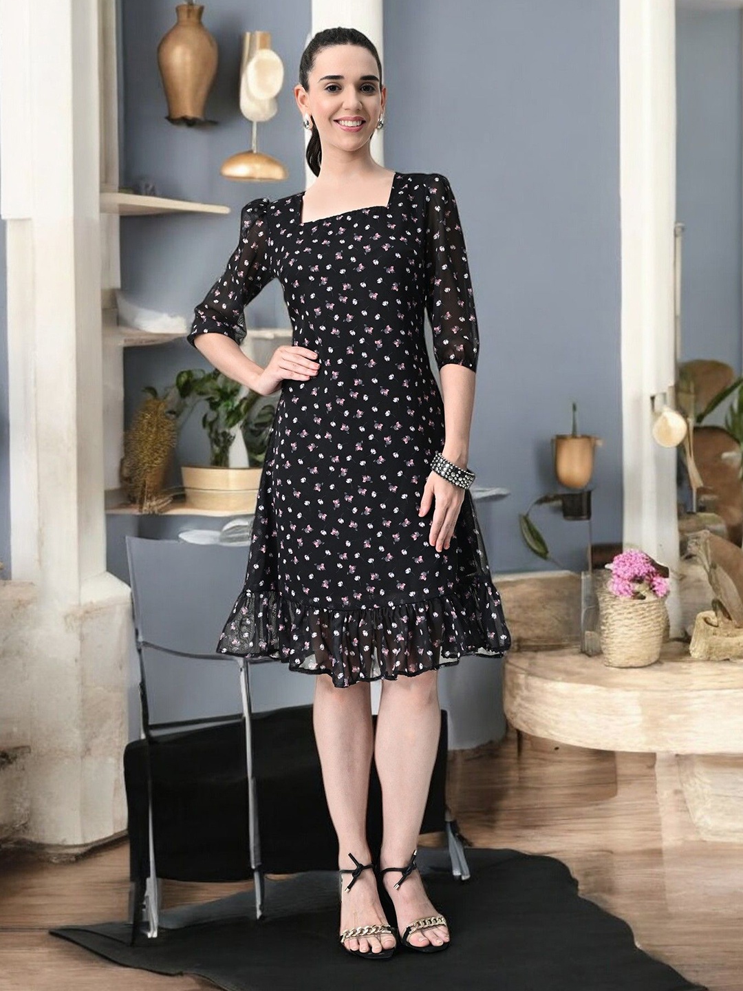 

IUGA Polka Dot Georgette Fit & Flare Dress, Black