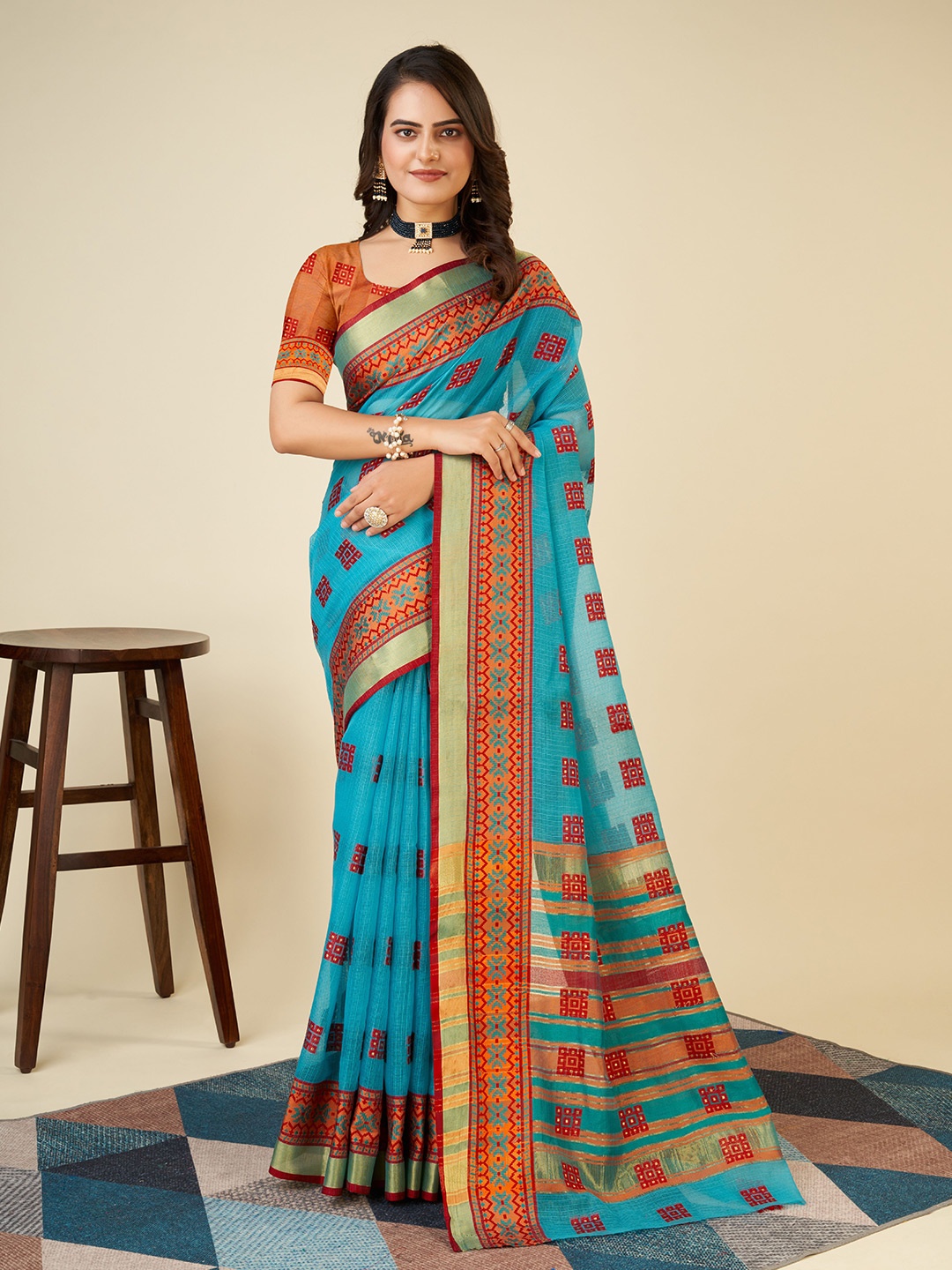 

bansari textiles Geometric Woven Design Banarasi Saree, Blue