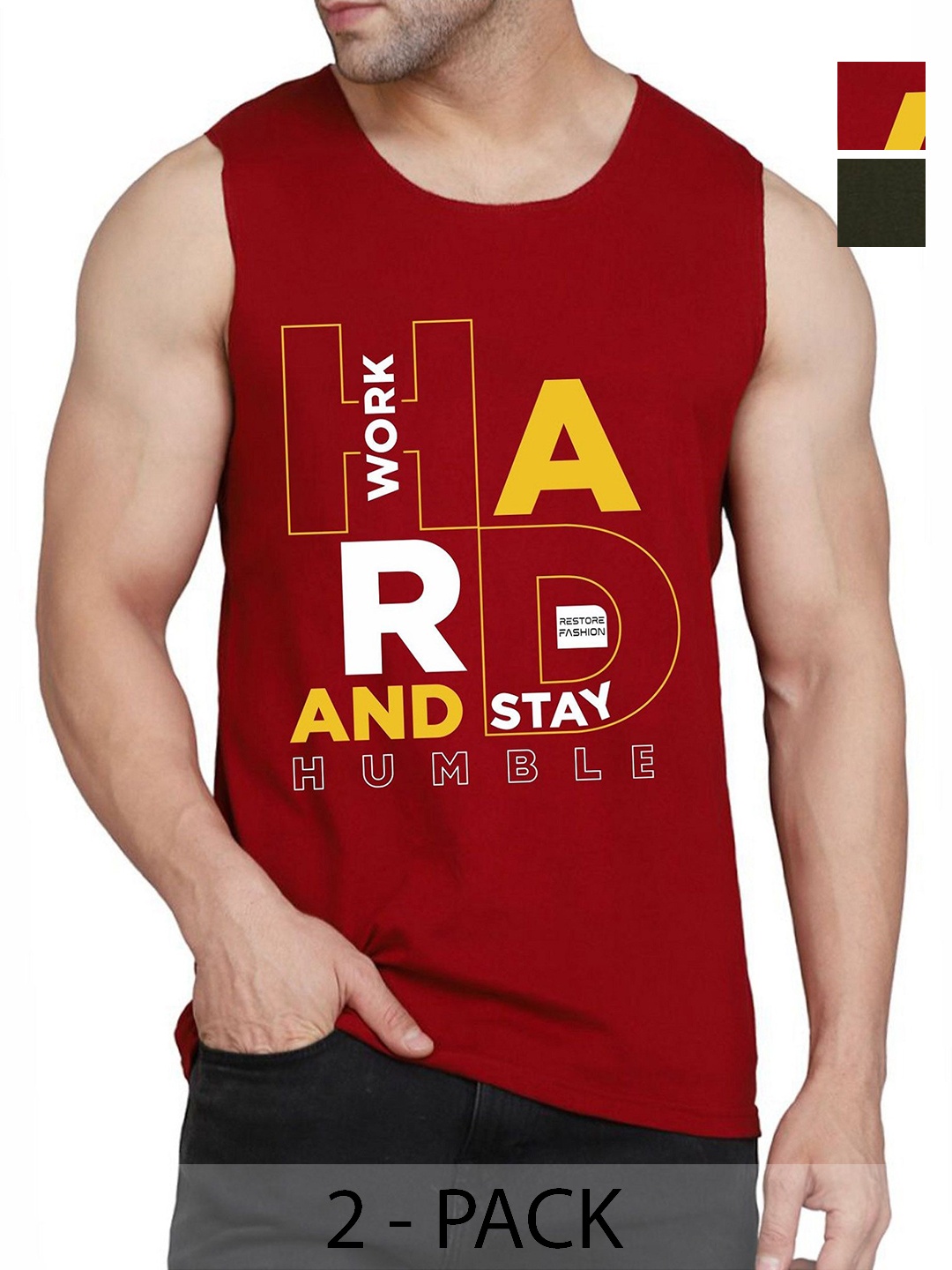 

WOOSTRO Men Pack Of 2 Typography Printed Round Neck Cotton Slim Fit T-shirts, Maroon