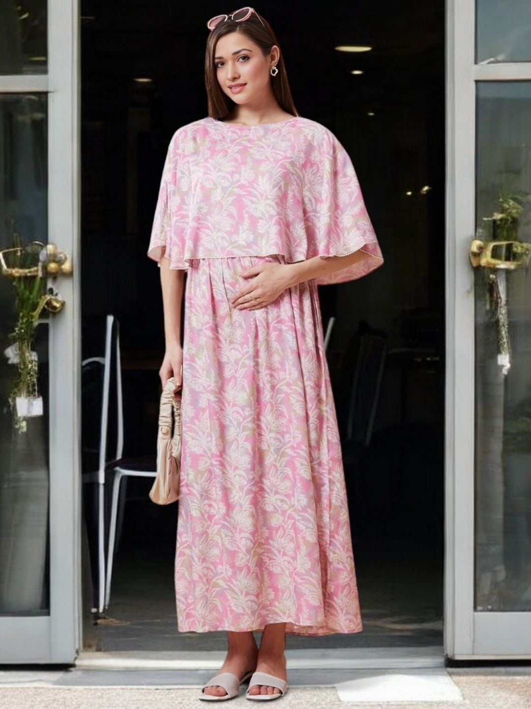 

True Shape Embellished Cape Sleeve Maternity Maxi Dress, Pink