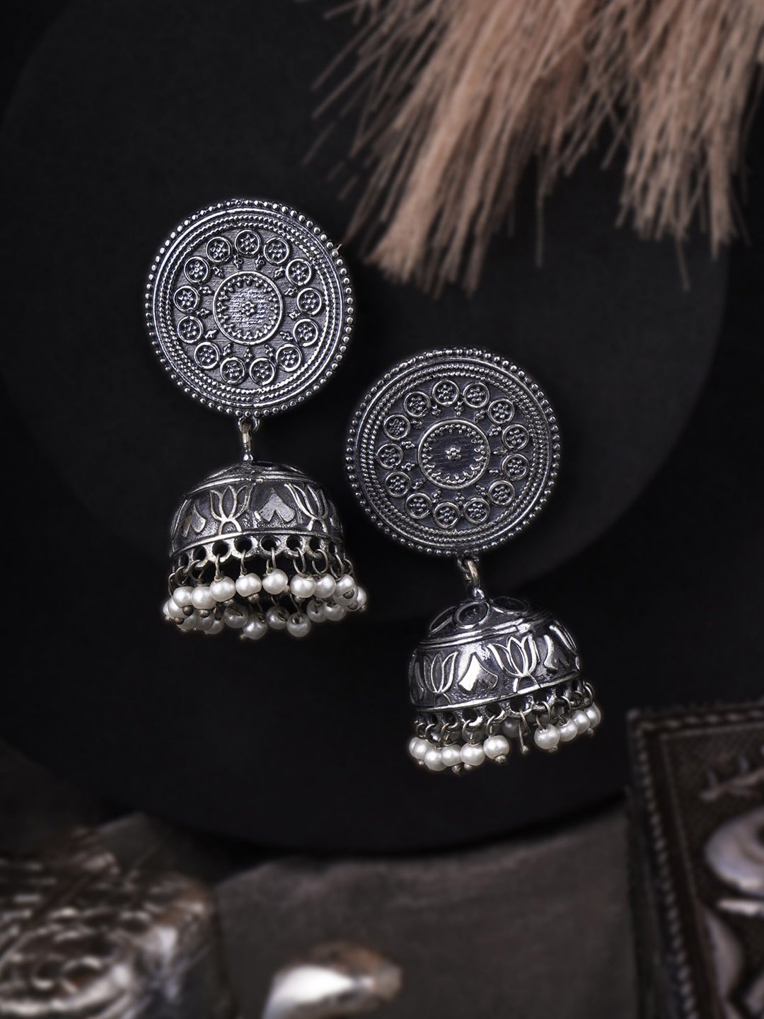 

Sangria White Silver-Plated Artificial Pearls Beaded Dome Shaped Oxidised Jhumkass