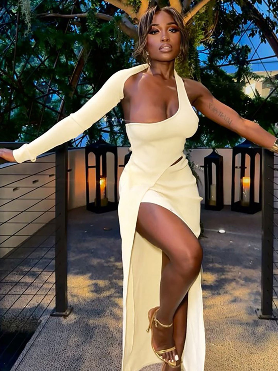 

StyleCast x Revolte Tie-Up Neck Bodycon Maxi Dress, Beige
