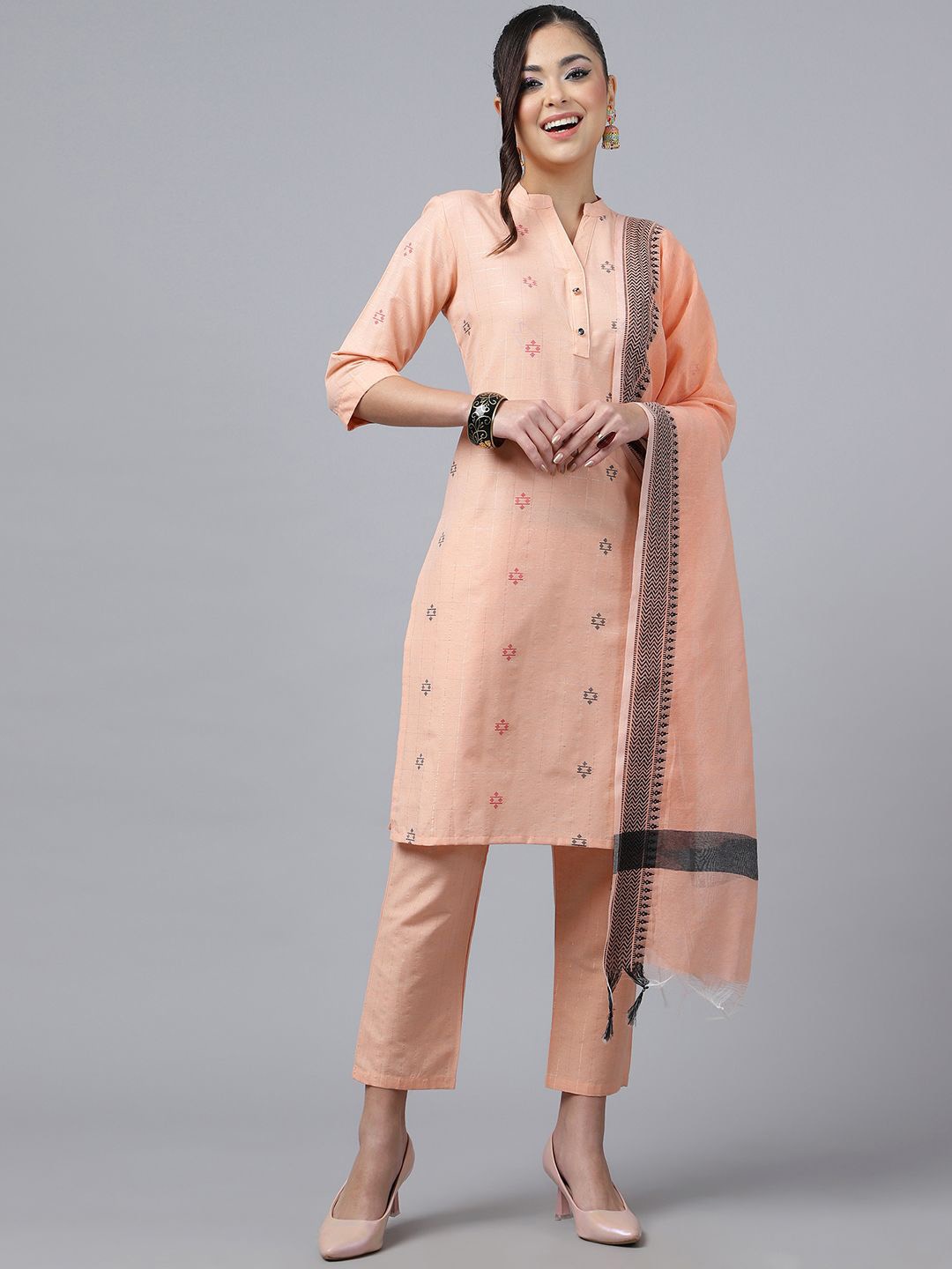 

Anushil Geometric Woven Mandarin Collar Straight Kurta With Trousers And Dupatta, Orange