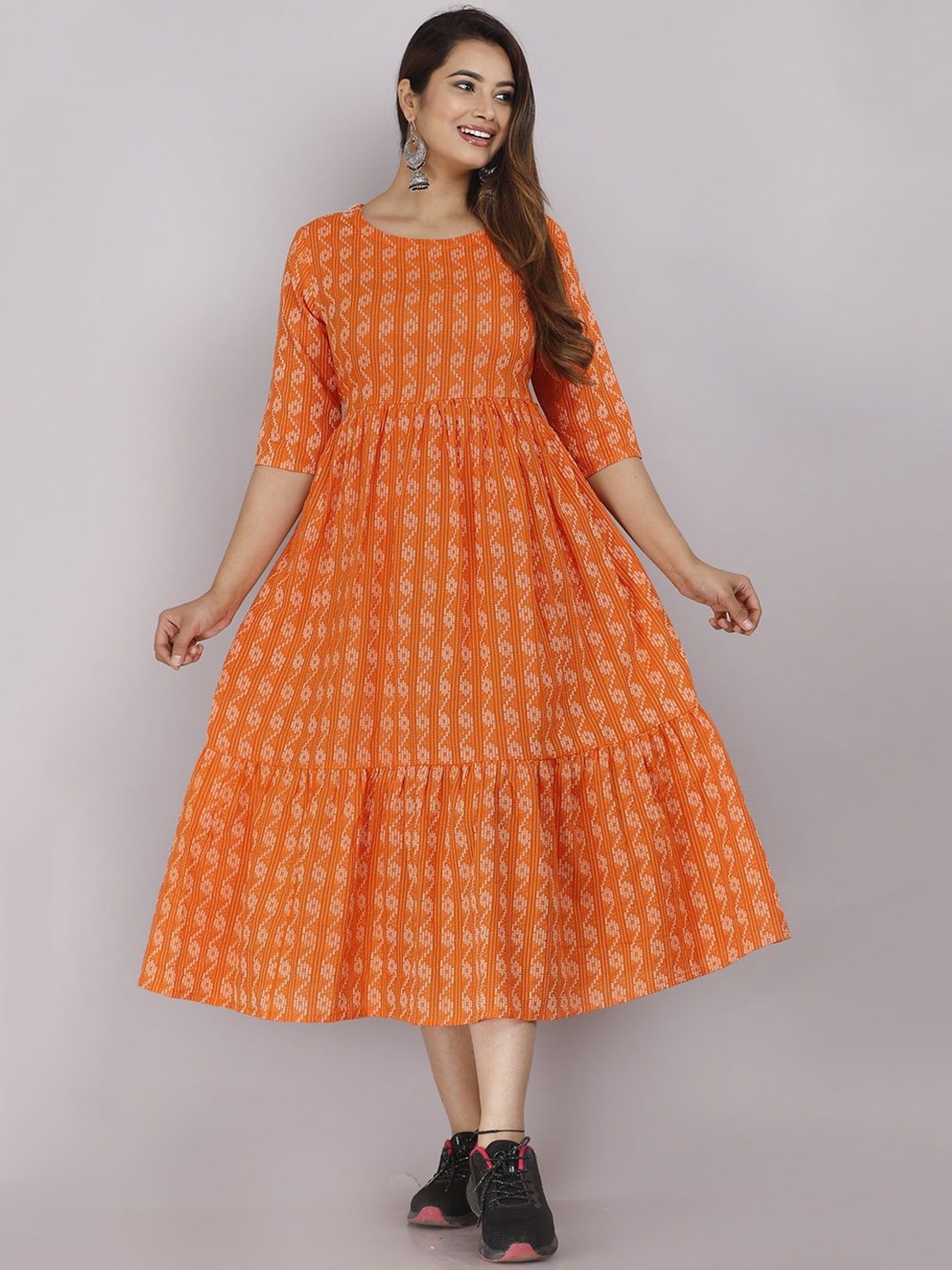 

Jollity Women Geometric Printed Round Neck Anarkali Kurta, Orange