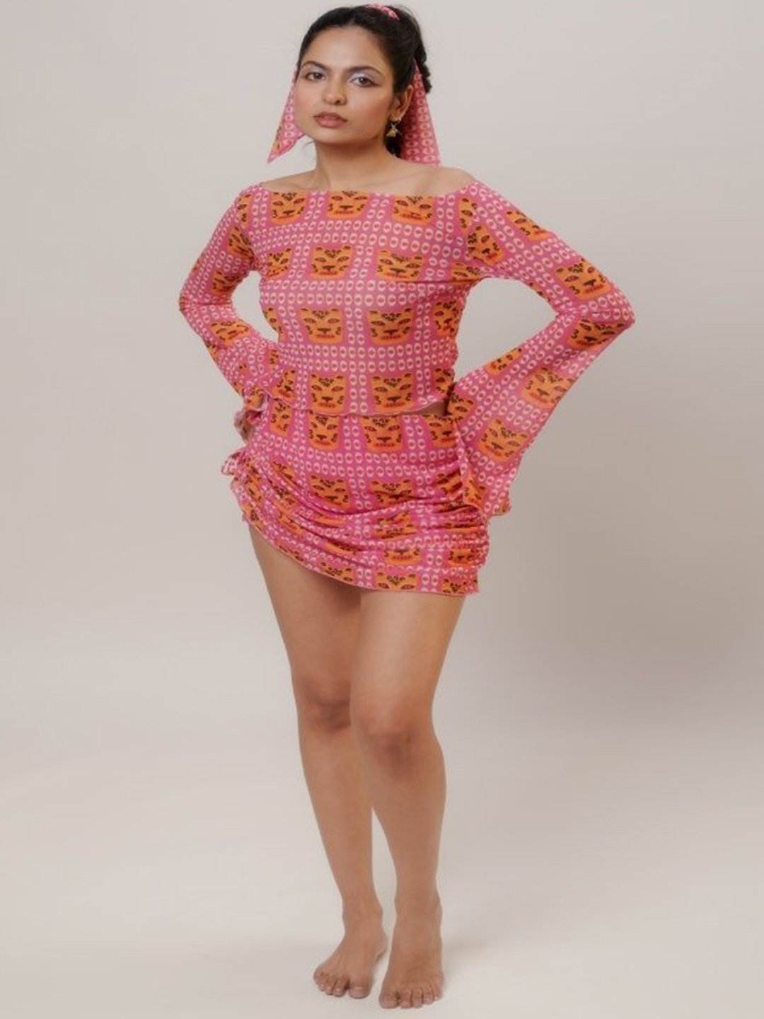 

LABEL SUGAR Animal Printed Boat Neck Top With Skirt, Pink
