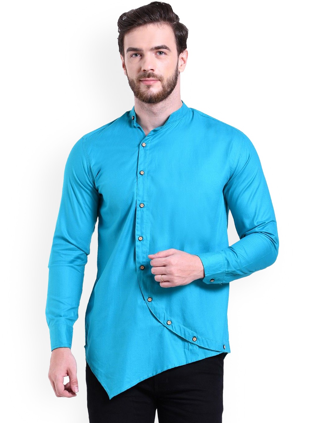 

Moda Rapido Band Collar Pure Cotton Straight Short Kurta, Blue
