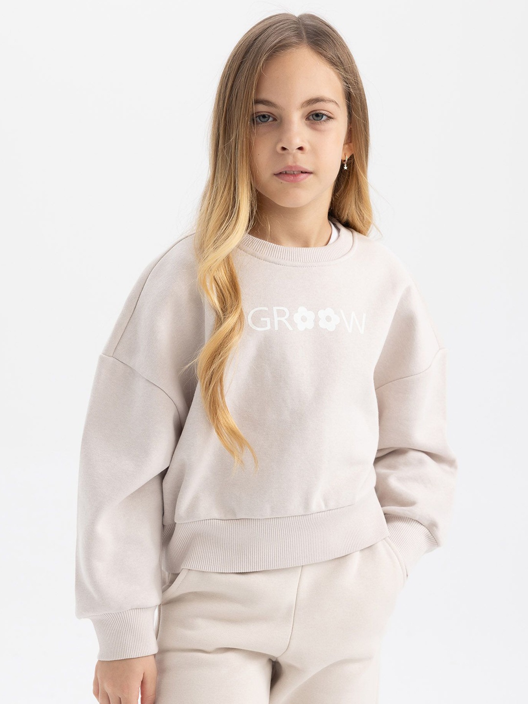 

DeFacto Girls Typography Printed Pullover, Beige