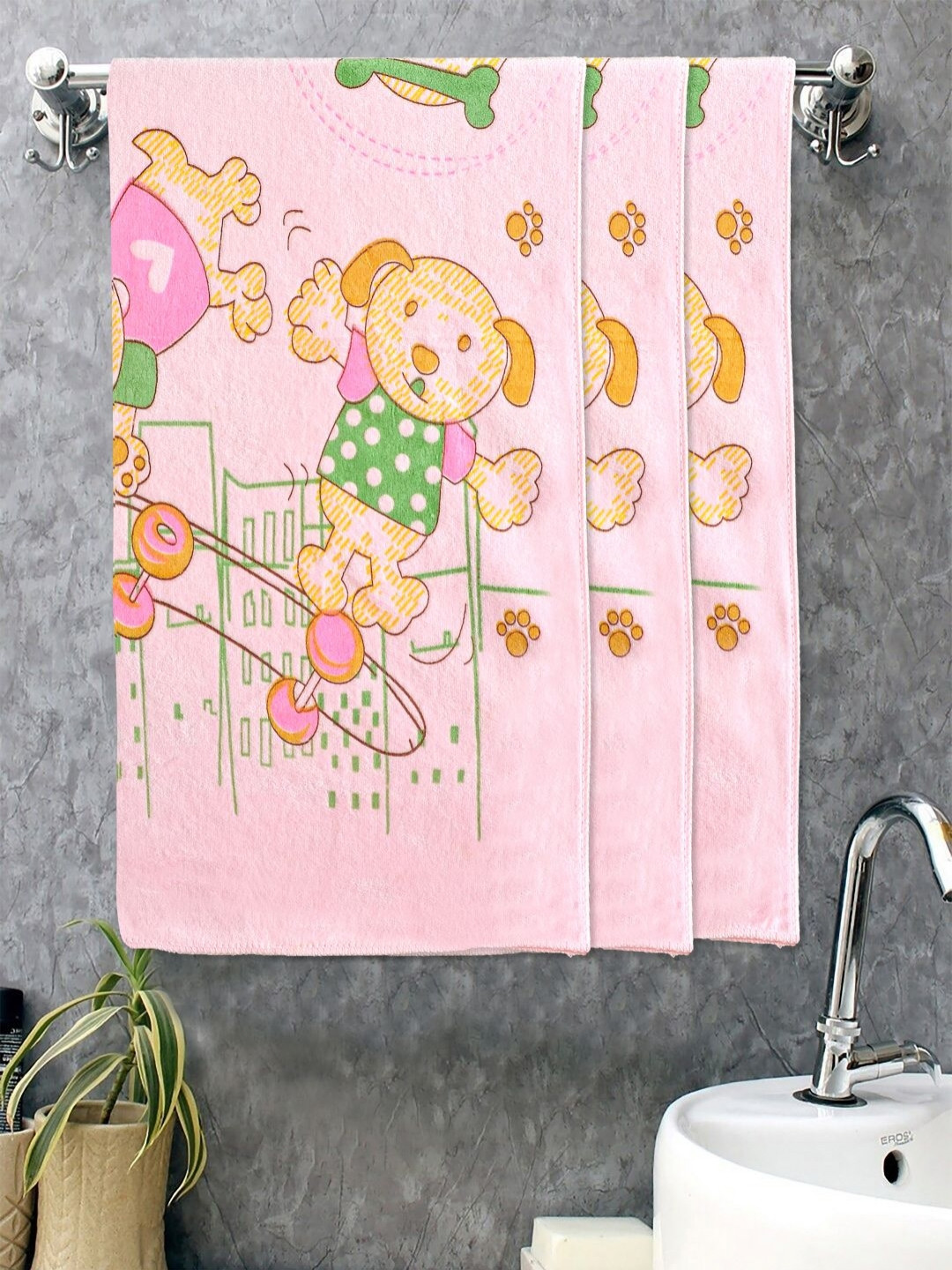 

FABINALIV Kids Pink & Green 3 Pieces Printed Cotton 420 GSM Bath Towel