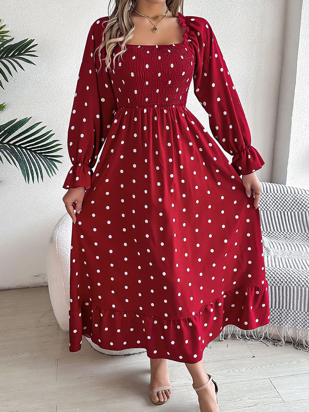 

StyleCast x Revolte Polka Dot Print Chiffon Fit & Flare Midi Dress, Red