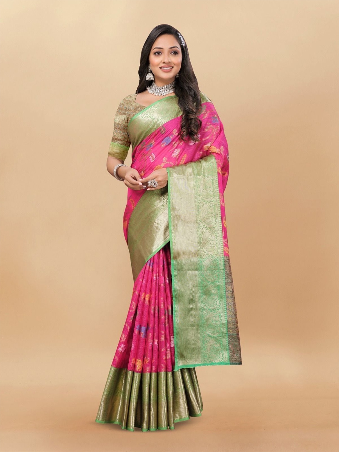 

bansari textiles Woven Design Zari Paithani Saree, Pink