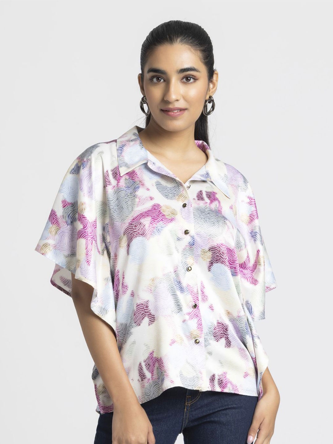 

SHAYE Women Smart Relaxed Fit Cuban Collar Abstract Printed Satin Casual Shirt, White