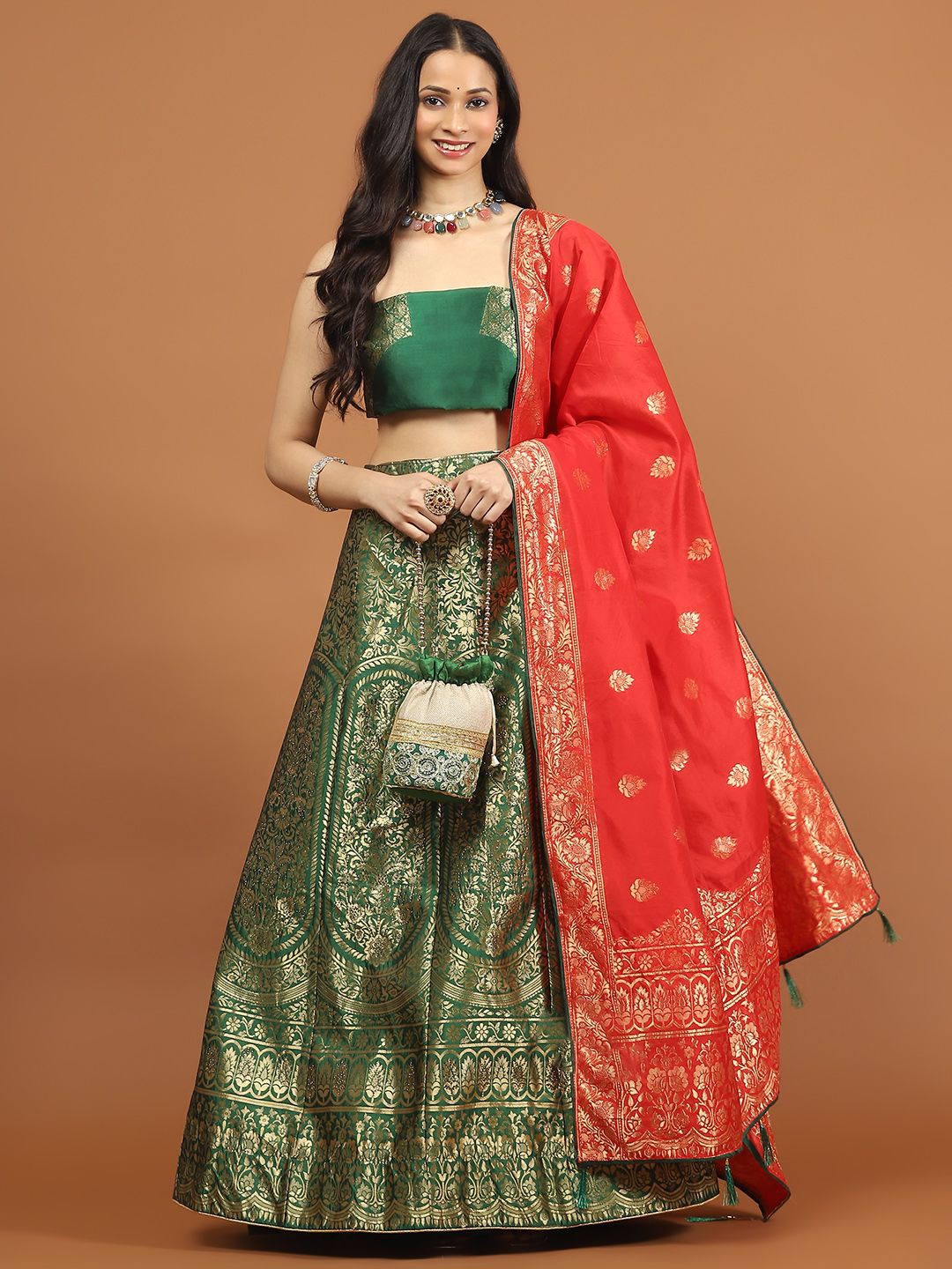 

Meena Bazaar Floral Woven Design Semi-Stitched Lehenga & Unstitched Blouse With Dupatta, Green