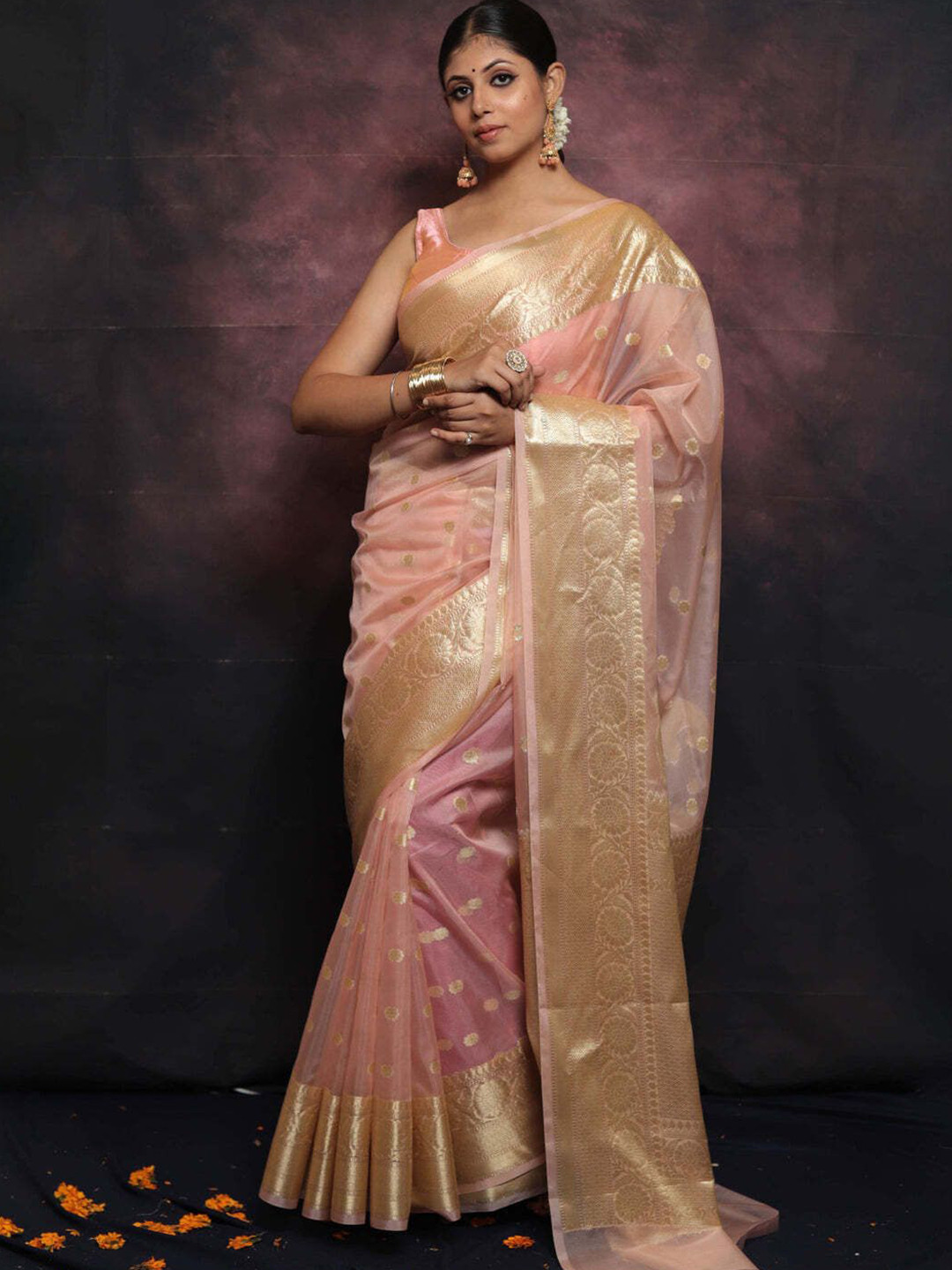 

bansari textiles Woven Design Zari Kota Saree, Orange