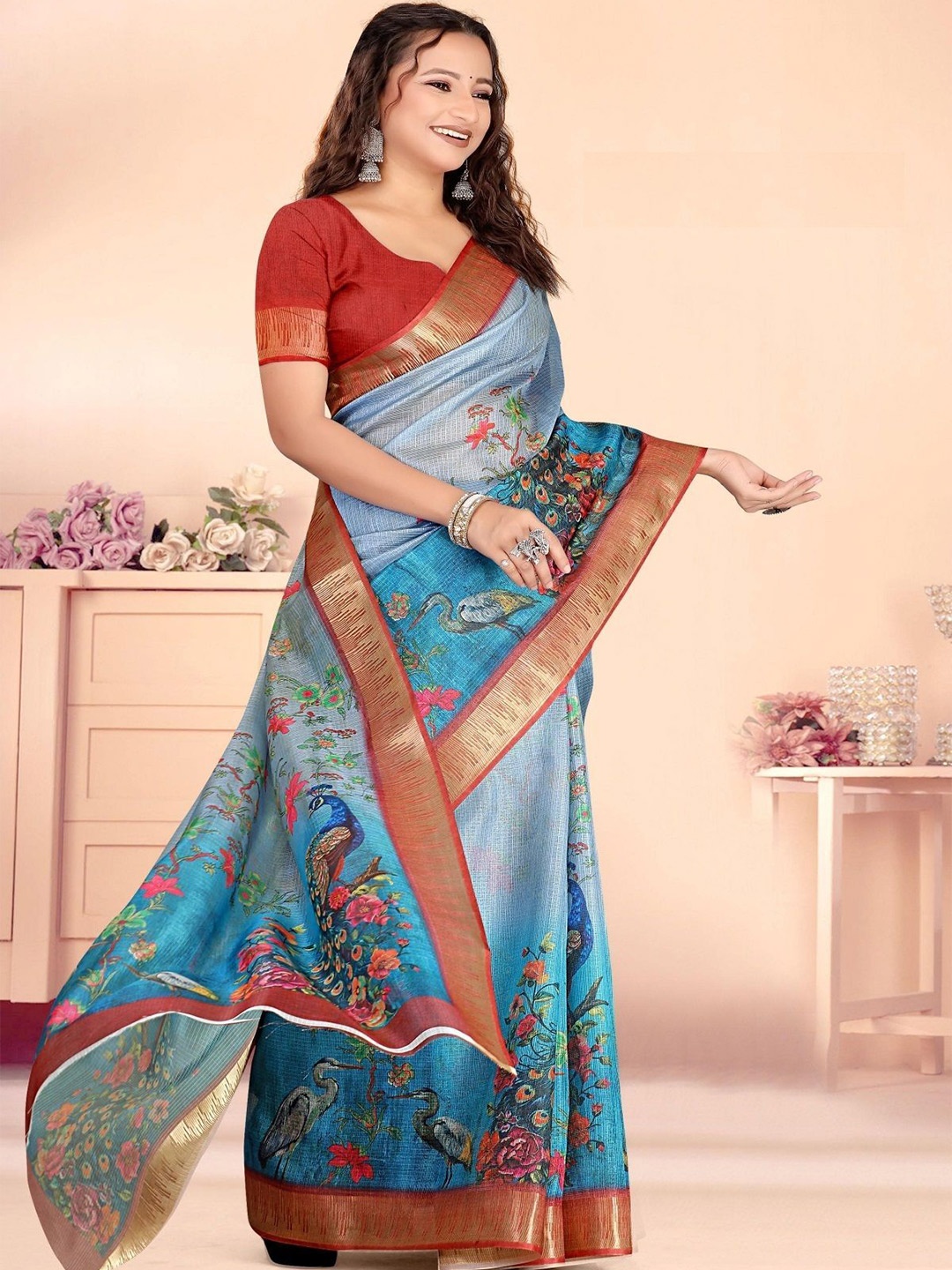 

Jaanvi Floral Printed Saree With Blouse Piece, Blue