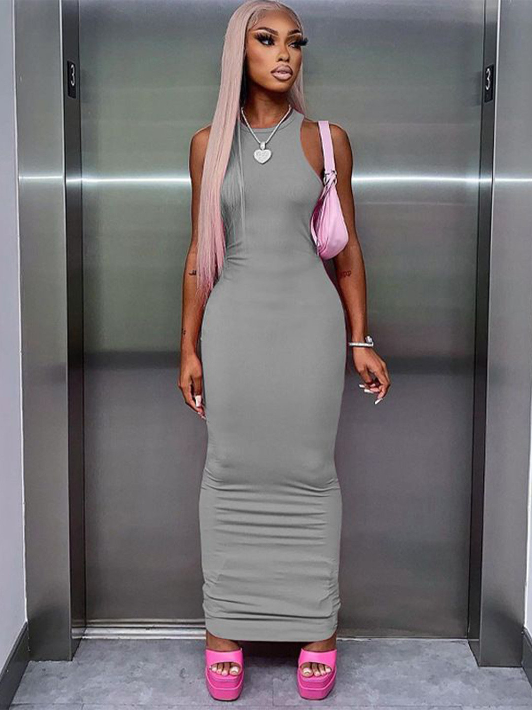 

StyleCast x Revolte Women Round Neck Bodycon Maxi Dress, Grey