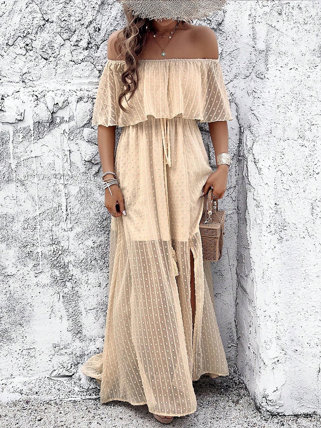 

StyleCast x Revolte Off-Shoulder A-Line Maxi Dress, Beige