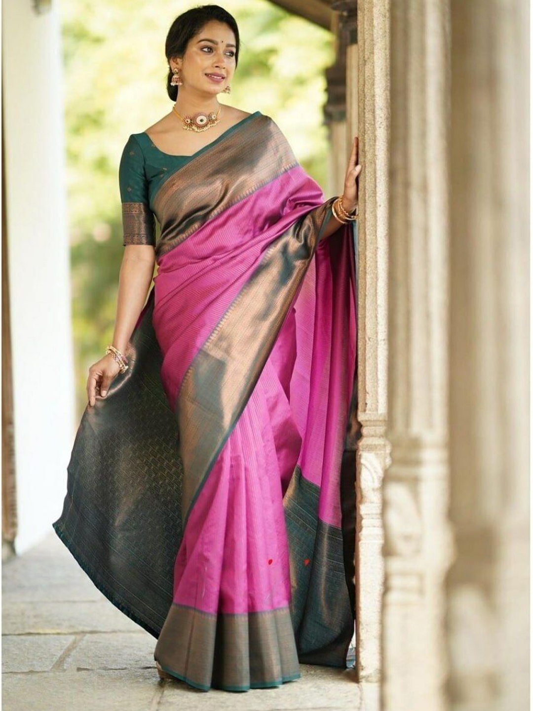 

bansari textiles Pure Cotton Kanjeevaram Saree, Pink