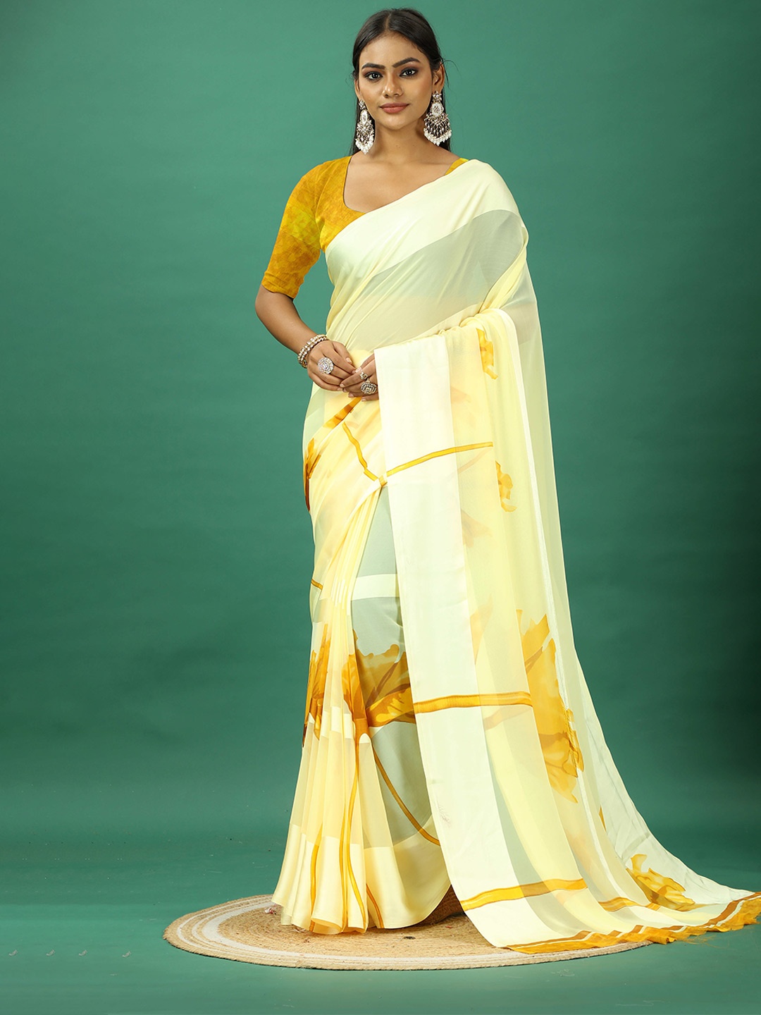 

NIRMAL CREATION Floral Printed Satin Saree, Yellow