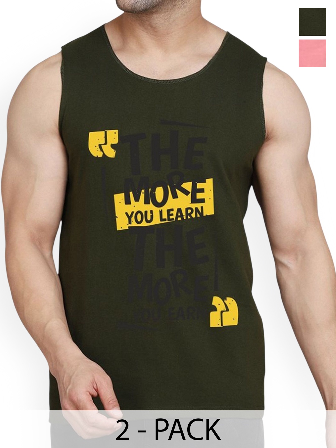 

WOOSTRO Men Pack Of 2 Printed Cotton Innerwear Gym Vests, Olive
