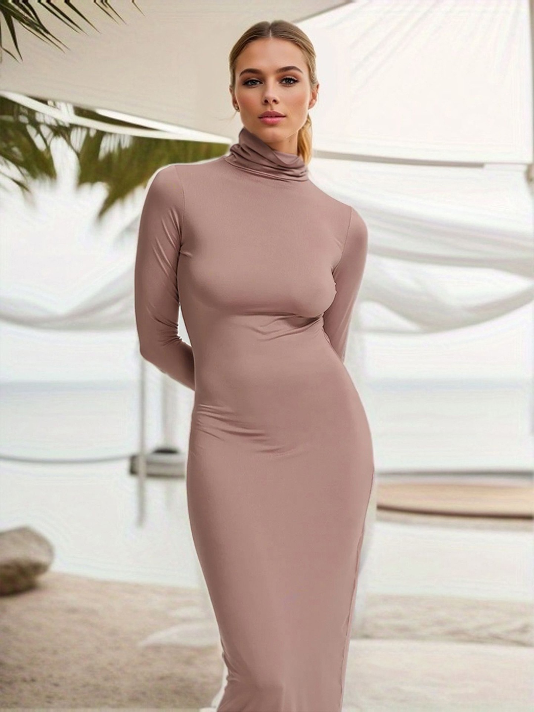 

StyleCast x Revolte Women Bodycon Midi Dress, Beige