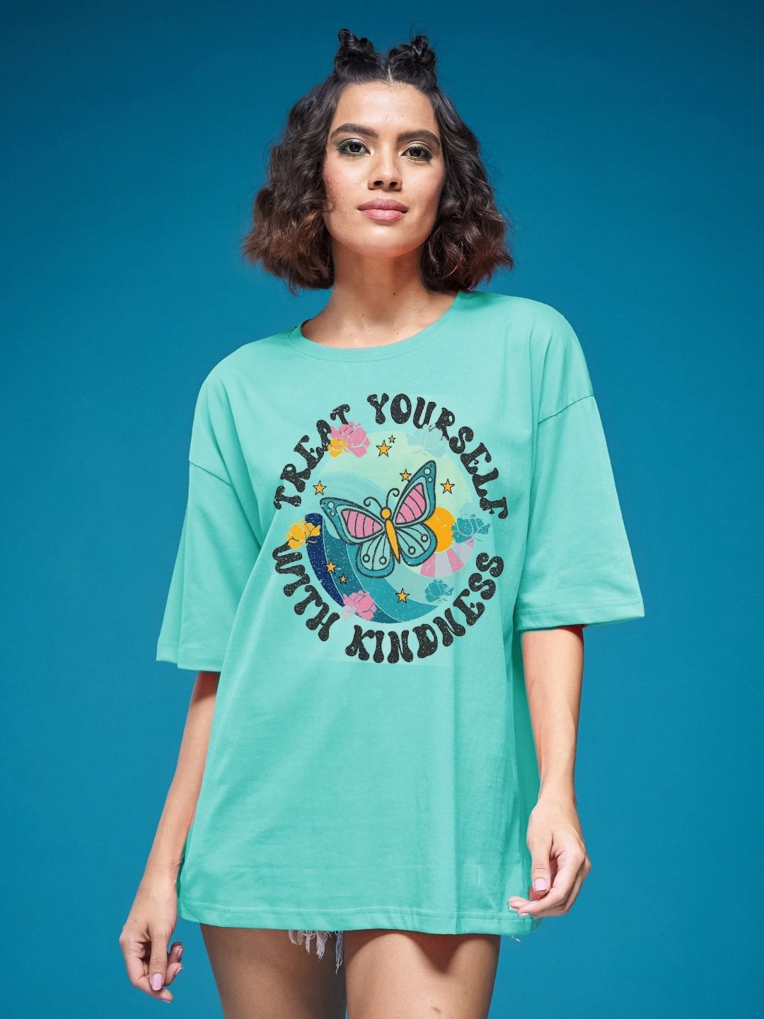 

SMARTEES Women Graphic Printed Round Neck Cotton Oversized T-shirt, Sea green