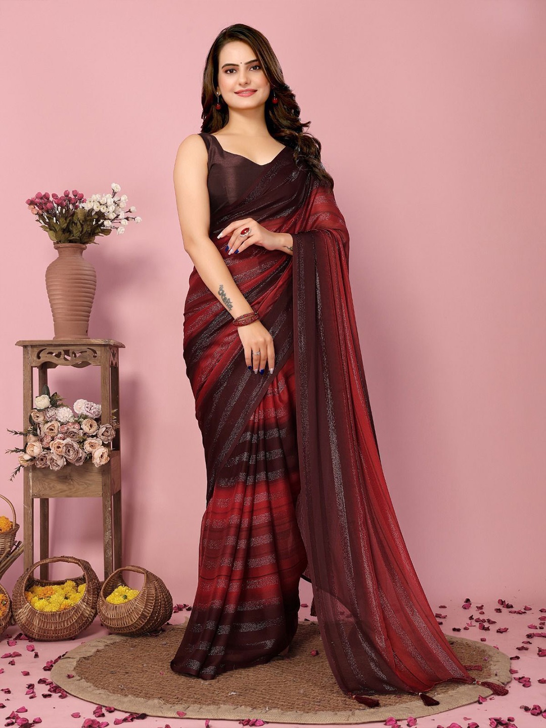 

bansari textiles Striped Kota Saree, Red