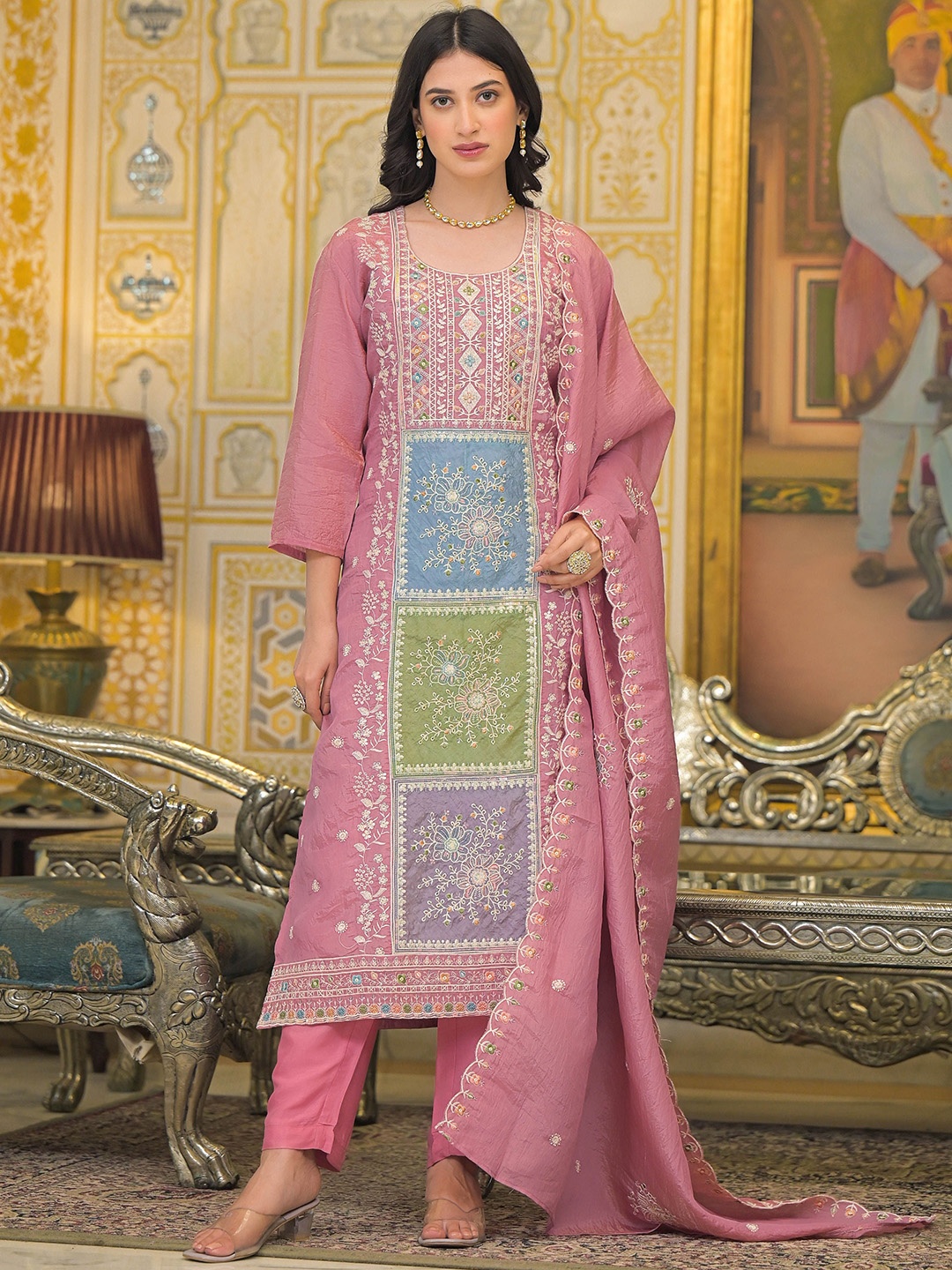 

Anouk Pink Ethnic Motifs Embroidered Thread Work Kurta With Trouser And Dupatta
