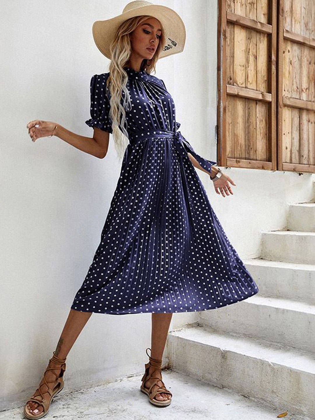 

StyleCast Women Polka Dot Printed Fit & Flare Midi Dress, Blue