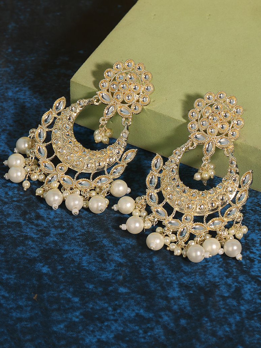 

Anouk White Gold-Plated Artificial Studded And beaded Crescent Shaped Drop Earrings