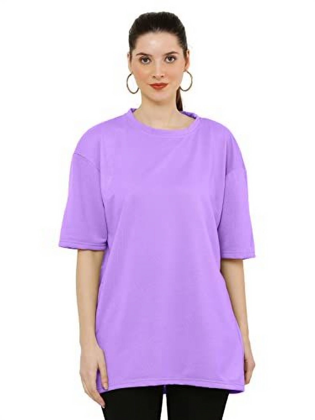 

NOTWILD Women Solid Round Neck Cotton Oversized T-shirt, Lavender