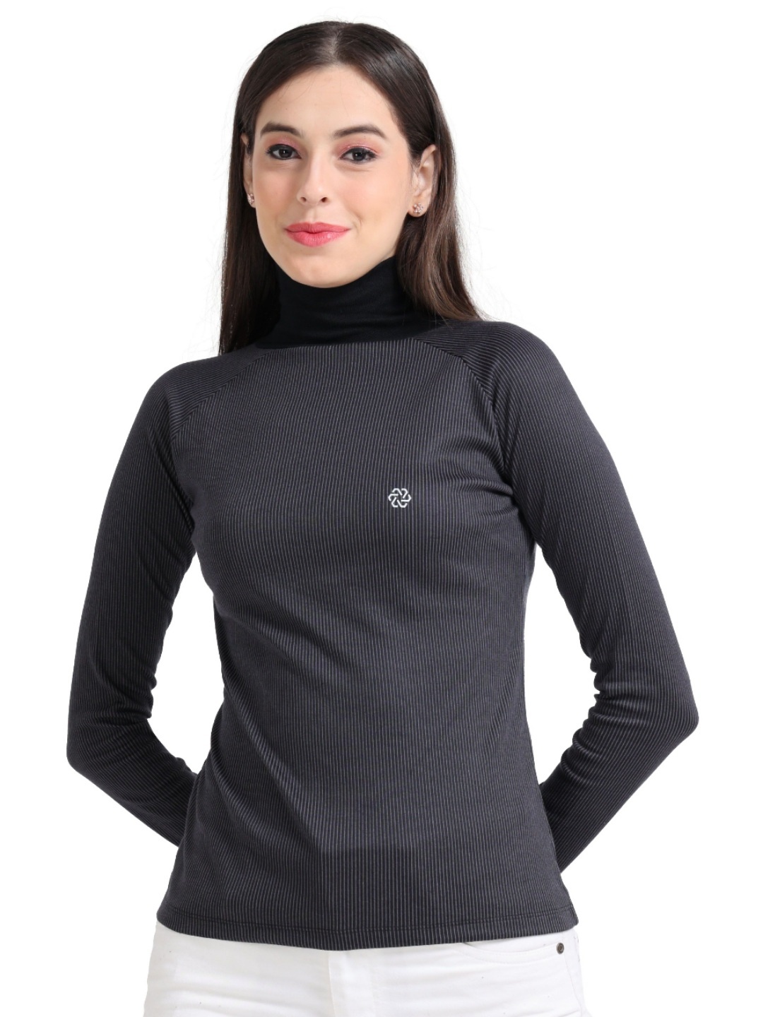 

ECOLINE Clothing Women Antimicrobial Striped Turtle Neck T-shirt, Grey