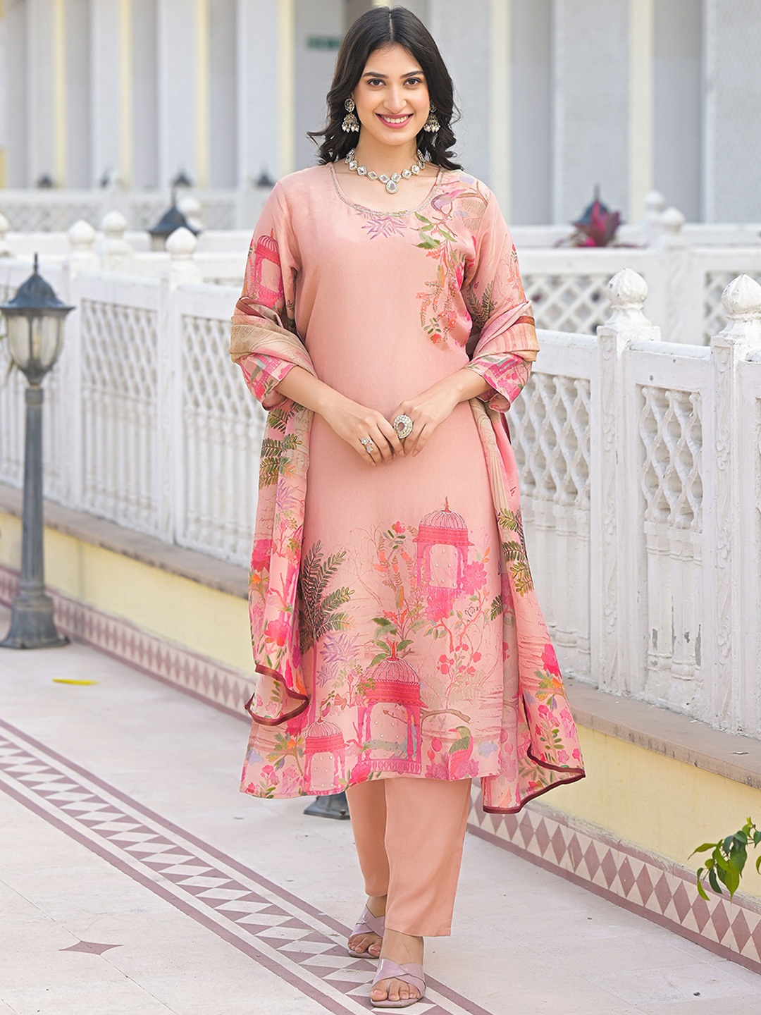 

Anouk Peach Ethnic Motifs Printed Beads & Stones Round Neck Kurta With Trouser & Dupatta