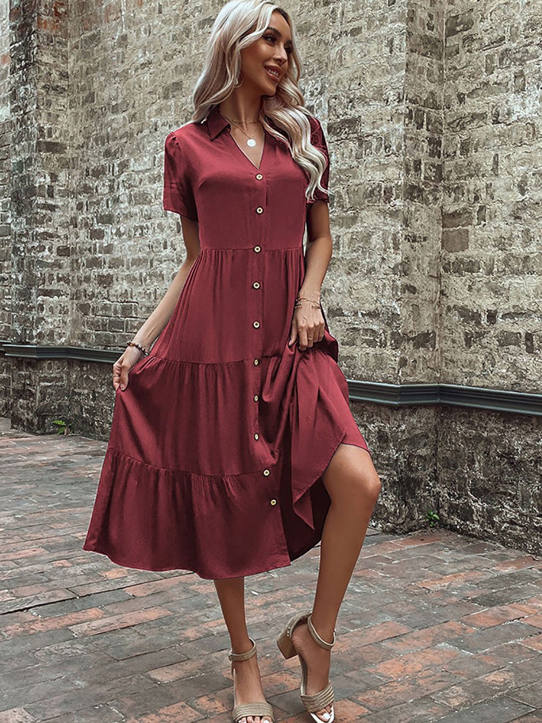 

StyleCast x Revolte Women Shirt Collar Midi Dress, Maroon