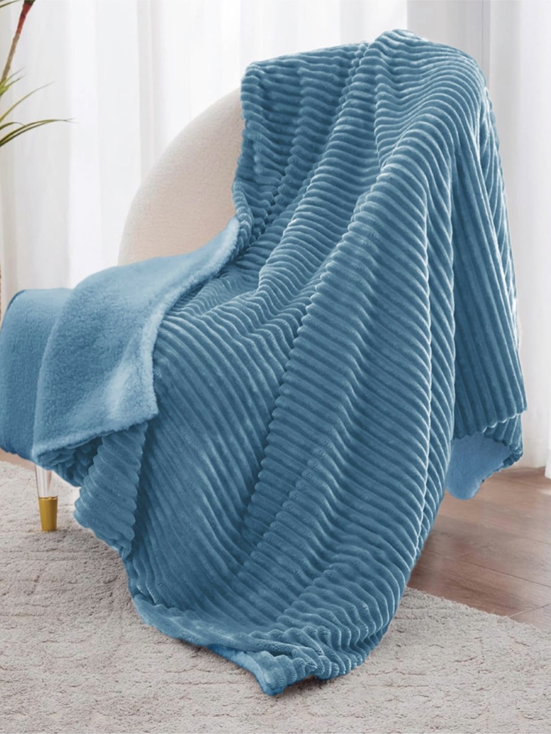 

VAS COLLECTIONS Sherpa Blue Striped Fur Mild Winter 500 GSM Single Bed Blanket