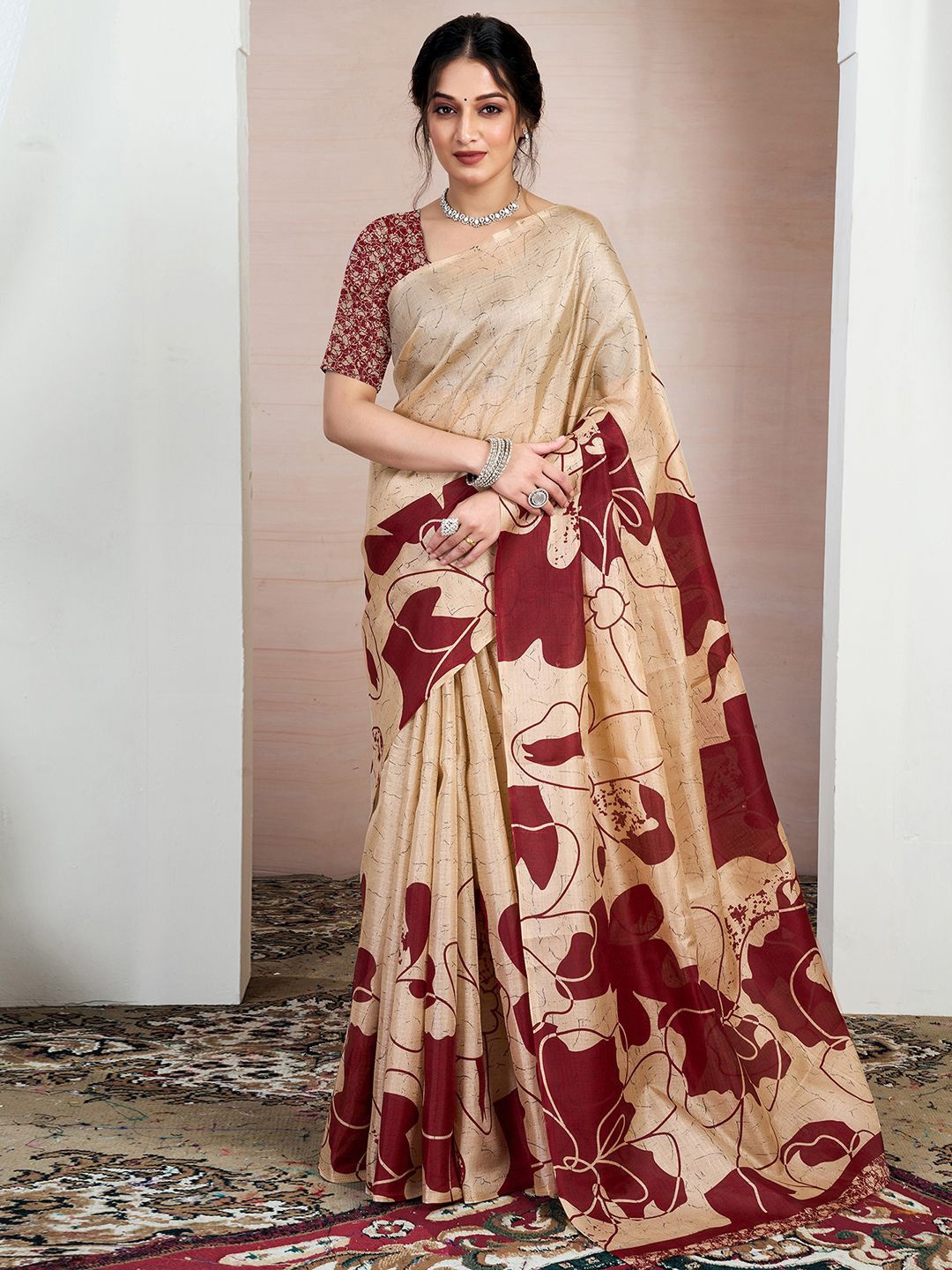 

KALINI Floral Printed Saree, Beige