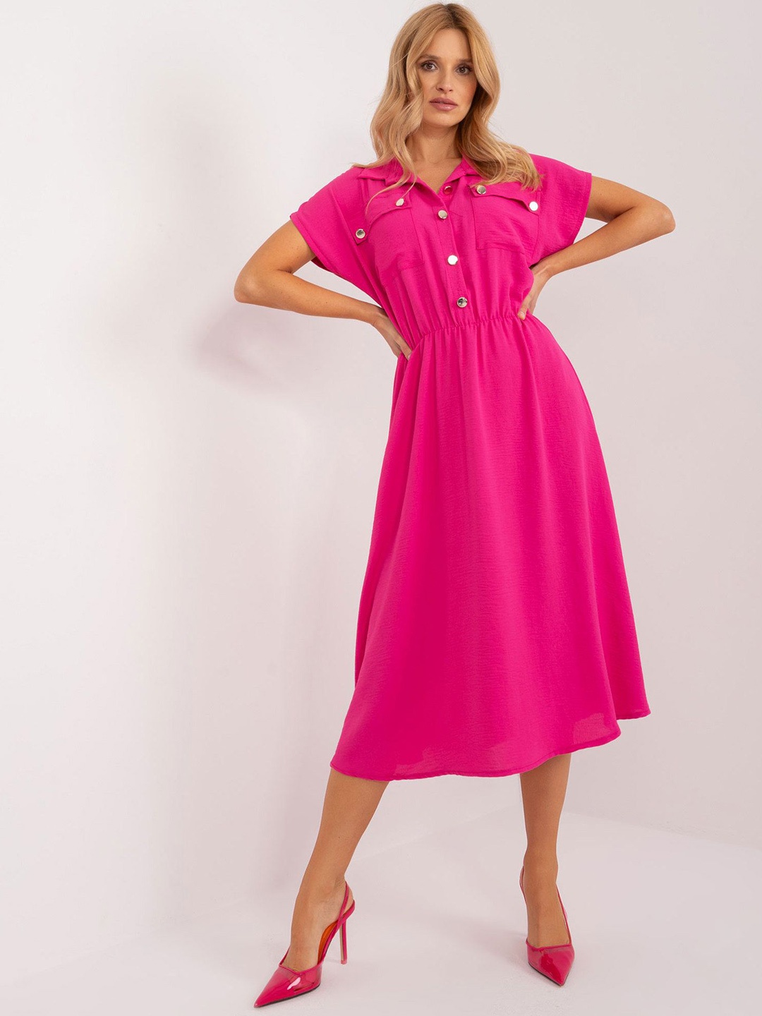 

StyleCast x Revolte Women Shirt Collar Fit & Flare Midi Dress, Fuchsia