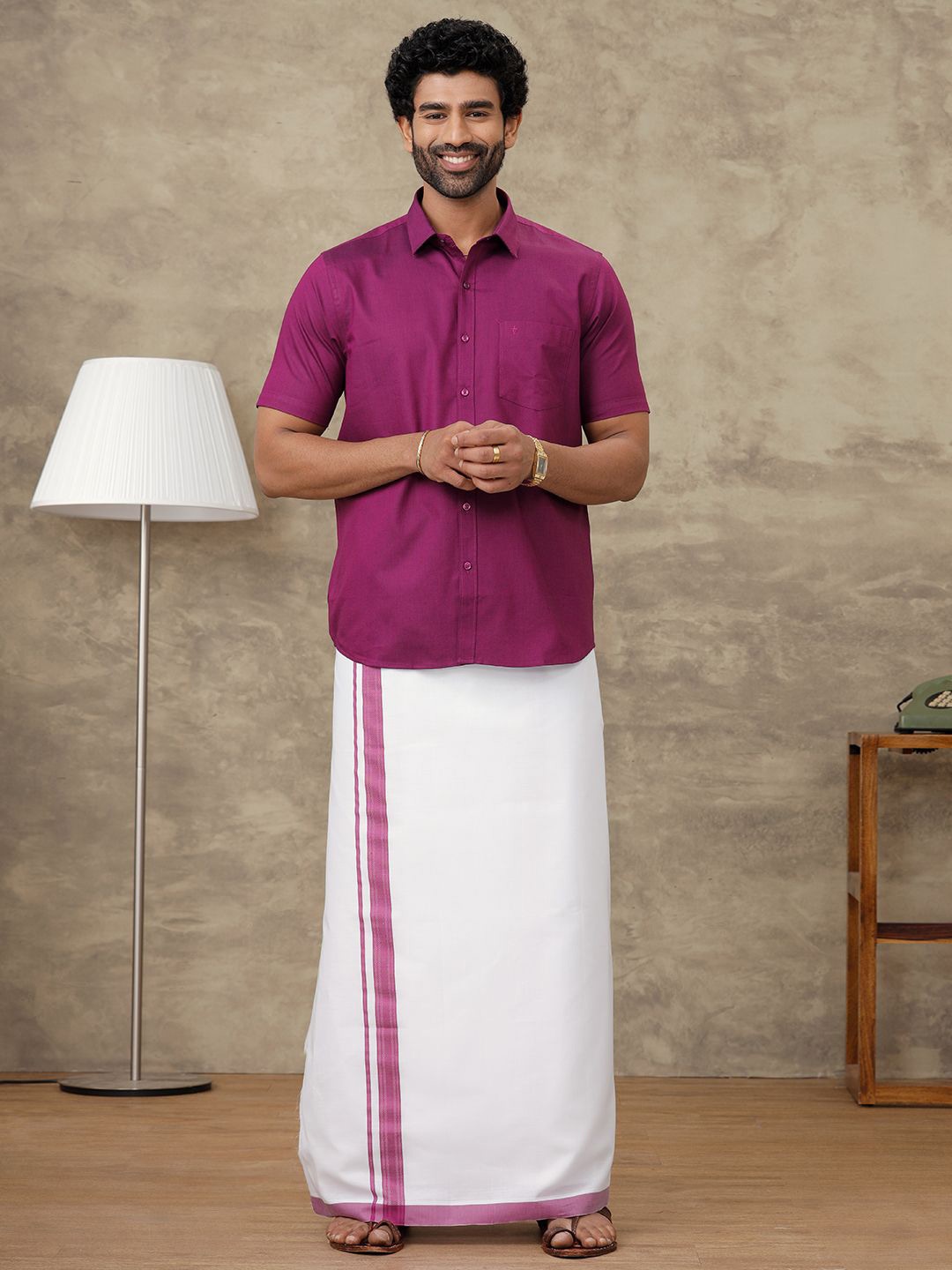 

Ramraj Long Sleeves Shirt With Veshti, Violet