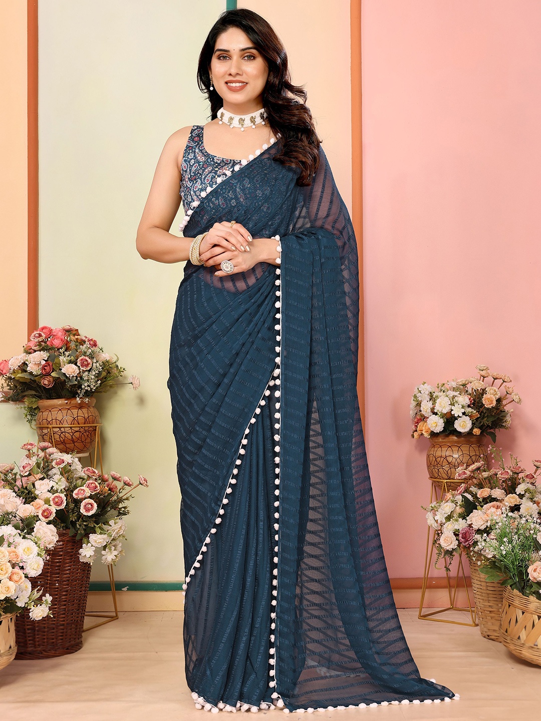 

Munir Striped Poly Georgette Saree, Blue