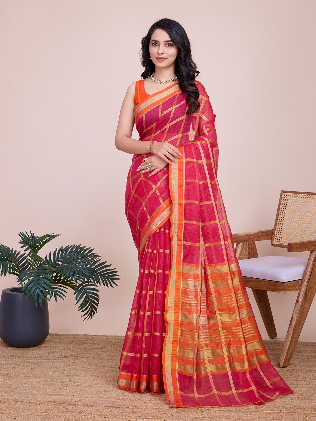 

bansari textiles Striped Zari Banarasi Saree, Red