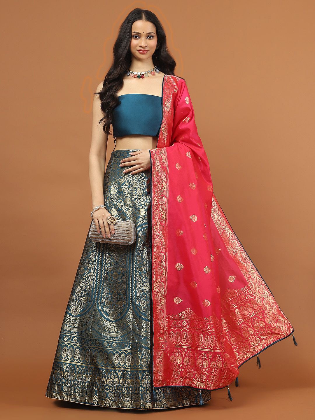 

Meena Bazaar Floral Woven Design Semi-Stitched Lehenga & Unstitched Blouse With Dupatta, Navy blue