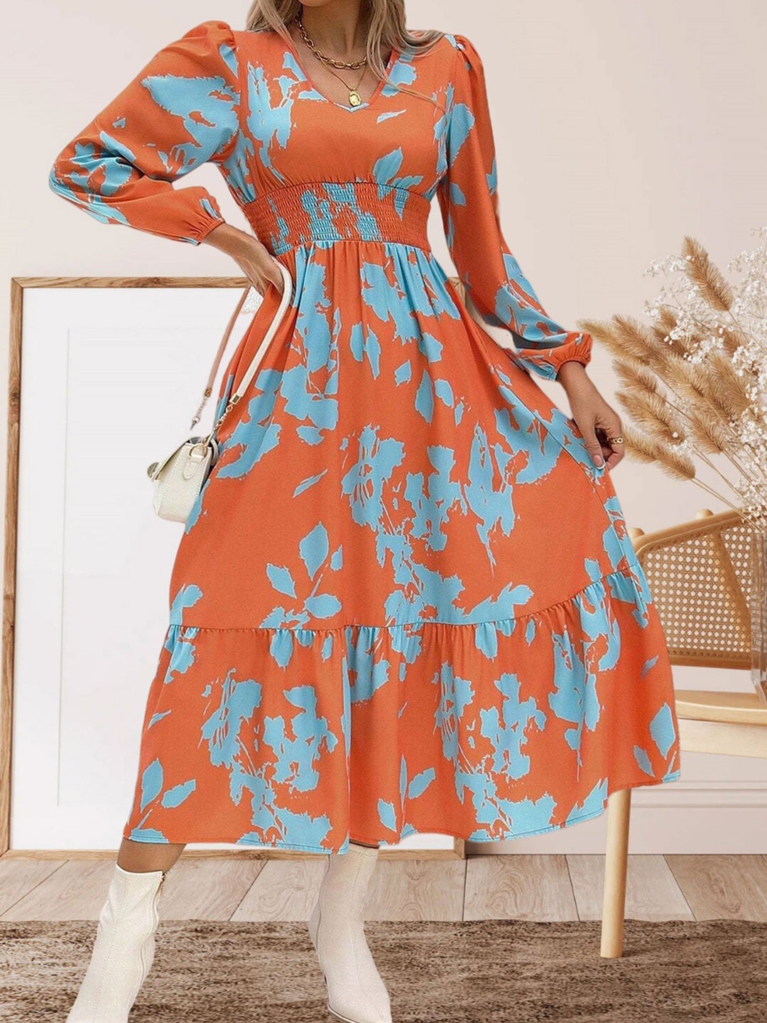 

StyleCast x Revolte Print Layered Maxi Midi Dress, Orange
