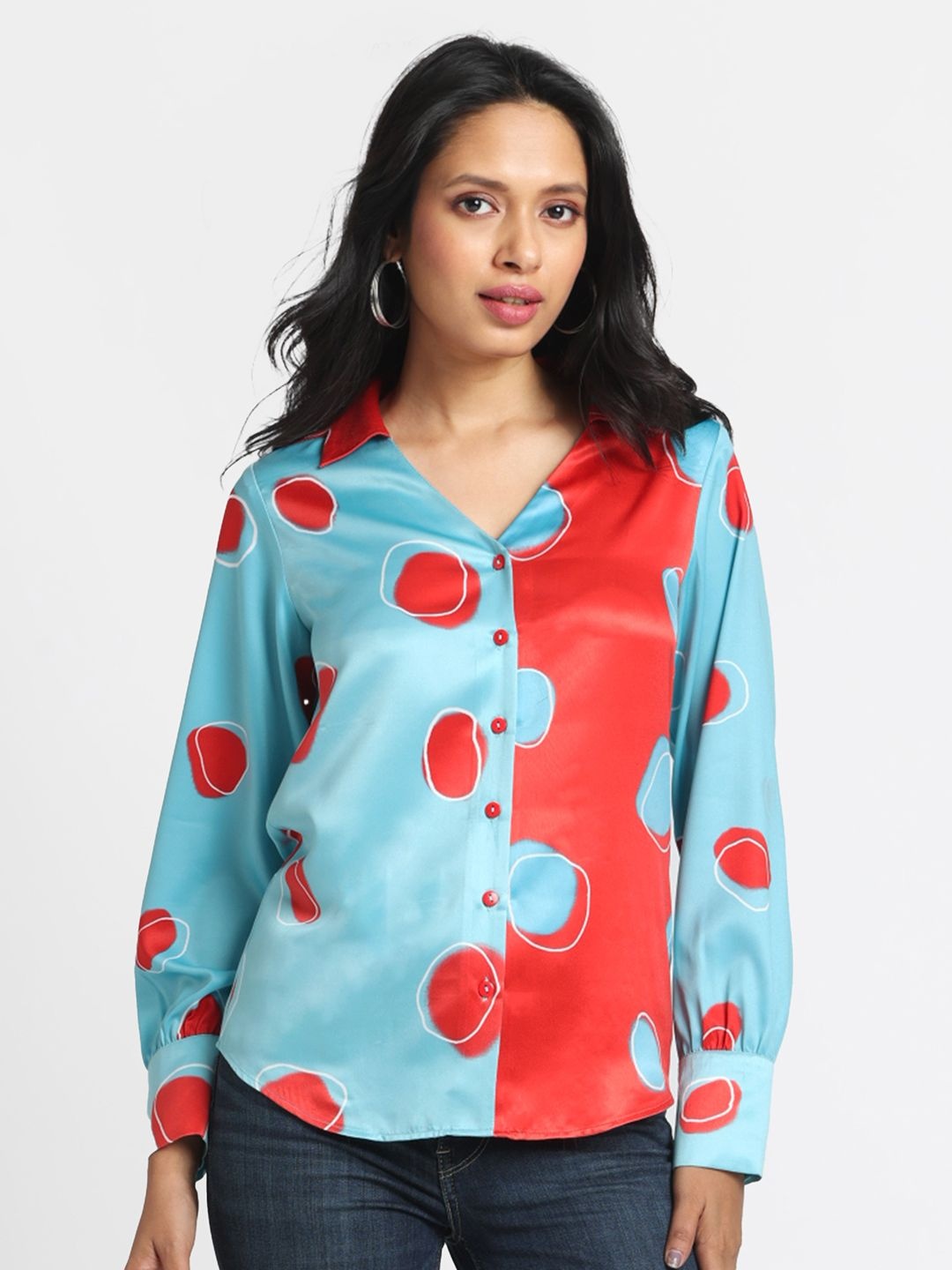 

SHAYE Women Smart Fit Spread Collar Abstract Printed Satin Casual Shirt, Blue
