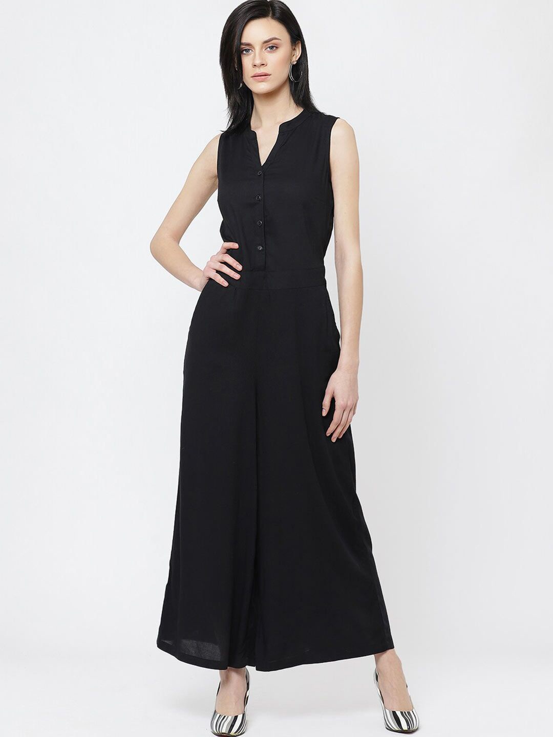 

DressBerry Women Mandarin Collar Smocked Fit and Flare Dress, Black