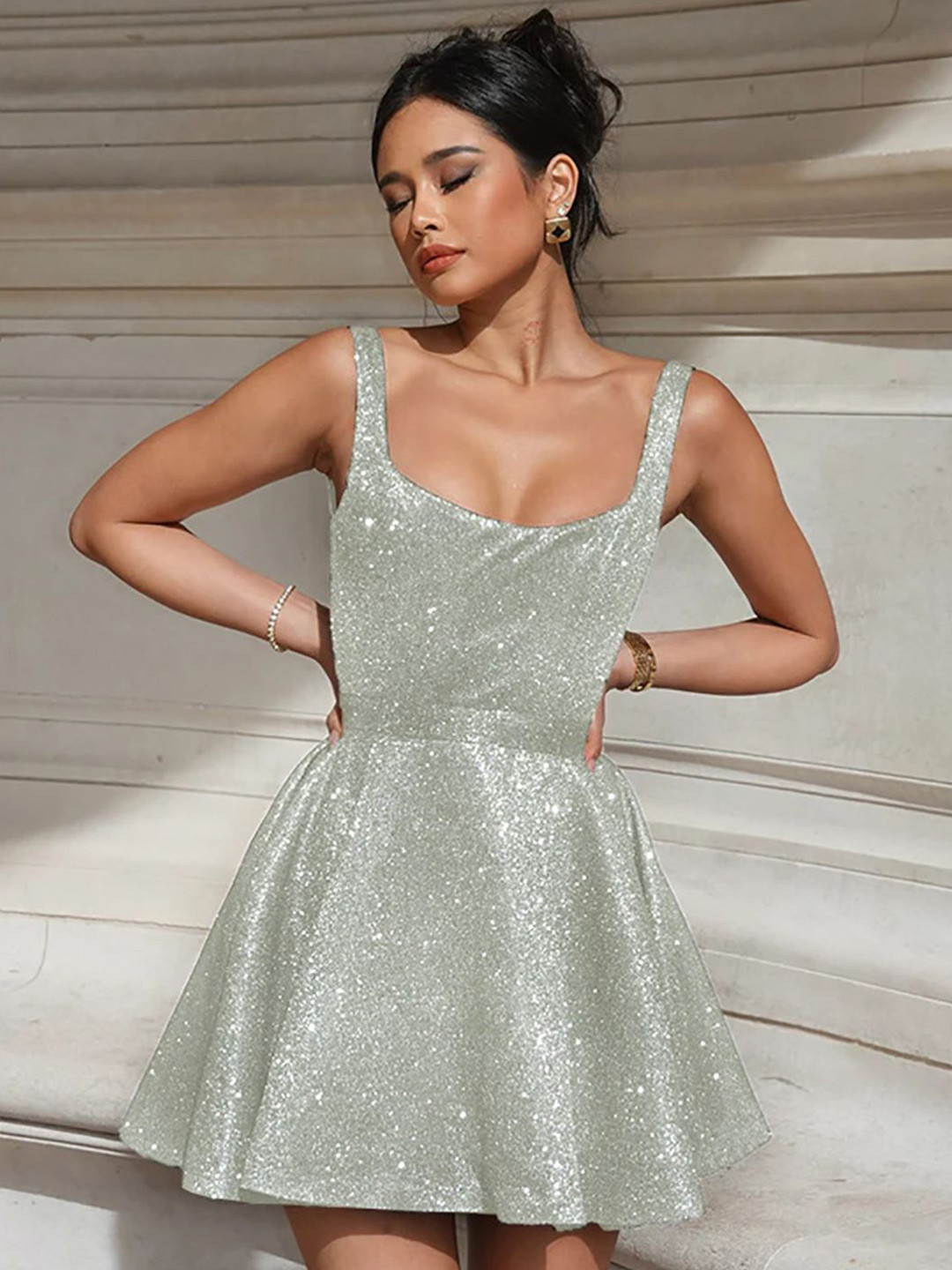 

StyleCast x Revolte Embellished Shoulder Straps Fit and Flare Mini Dress, Silver