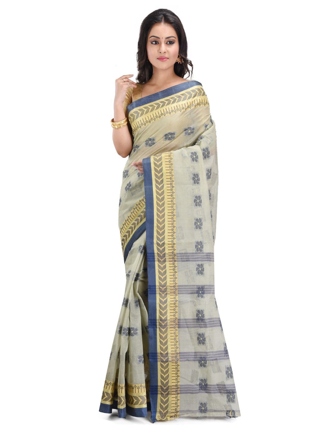 

RAJ SAREE HOUSE Woven Design Pure Cotton Jamdani Saree, Off white