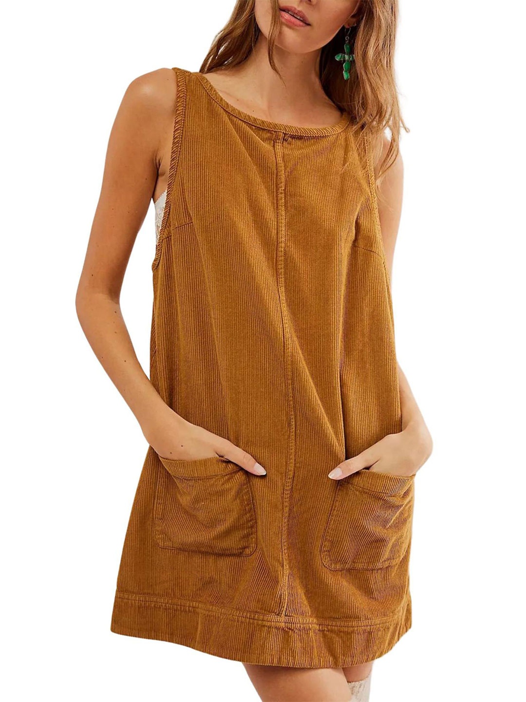 

StyleCast x Revolte Women Round Neck A-Line Above Knee Dress, Brown