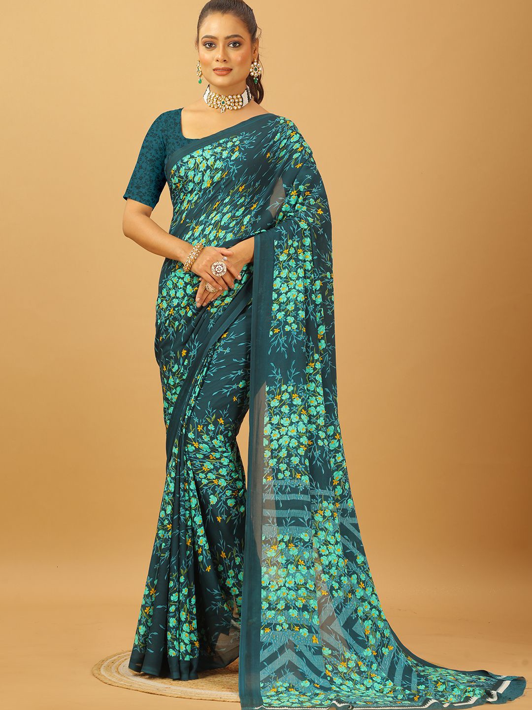 

NIRMAL CREATION Floral Printed Pure Georgette Saree, Turquoise blue
