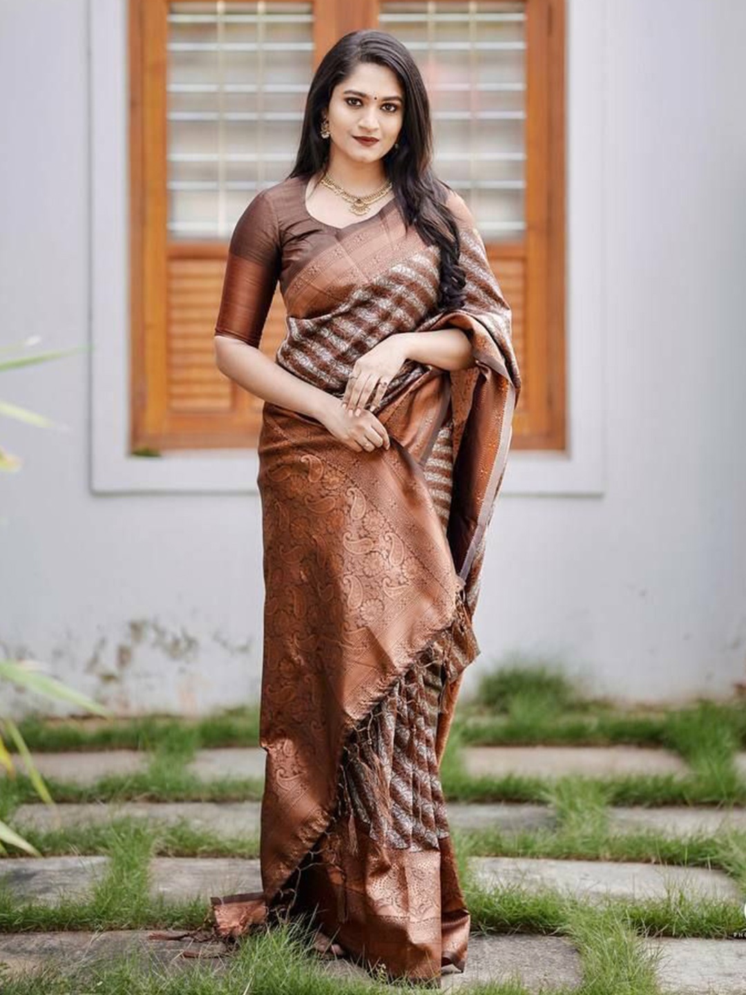 

bansari textiles Woven Design Zari Pure Silk Banarasi Saree, Brown