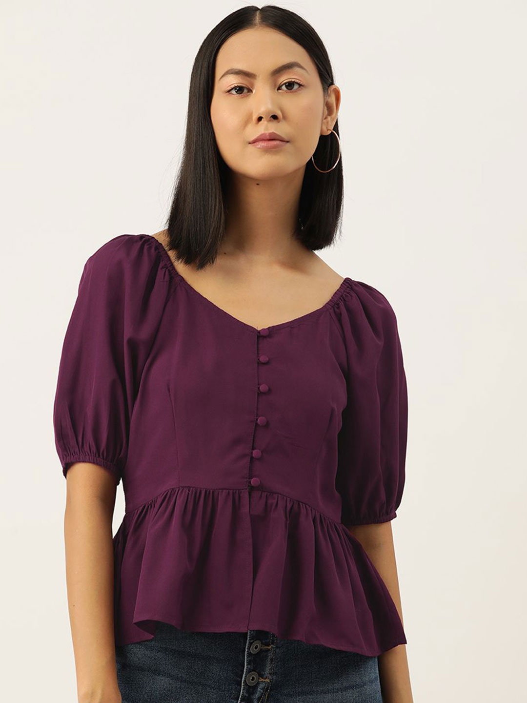 

Moda Rapido Puff Sleeve Peplum Top, Purple