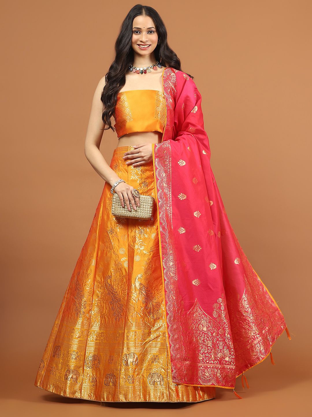 

Meena Bazaar Floral Woven Design Semi-Stitched Lehenga & Unstitched Blouse With Dupatta, Orange